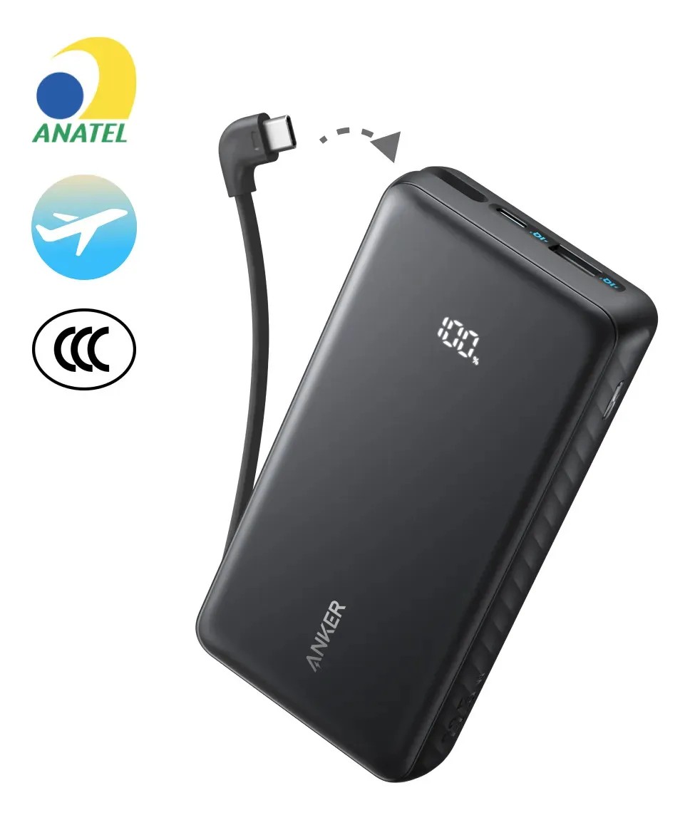 Carregador Portátil Power Bank Anker 20000mAh Carga Turbo 22.5W Cabo USB-C Integrado Para iPhone 17/16/15/14, Samsung Galaxy, Motorola, Xiaomi, Poco, Oppo, Airpods, Display Digital Cor Preto Com 3C
